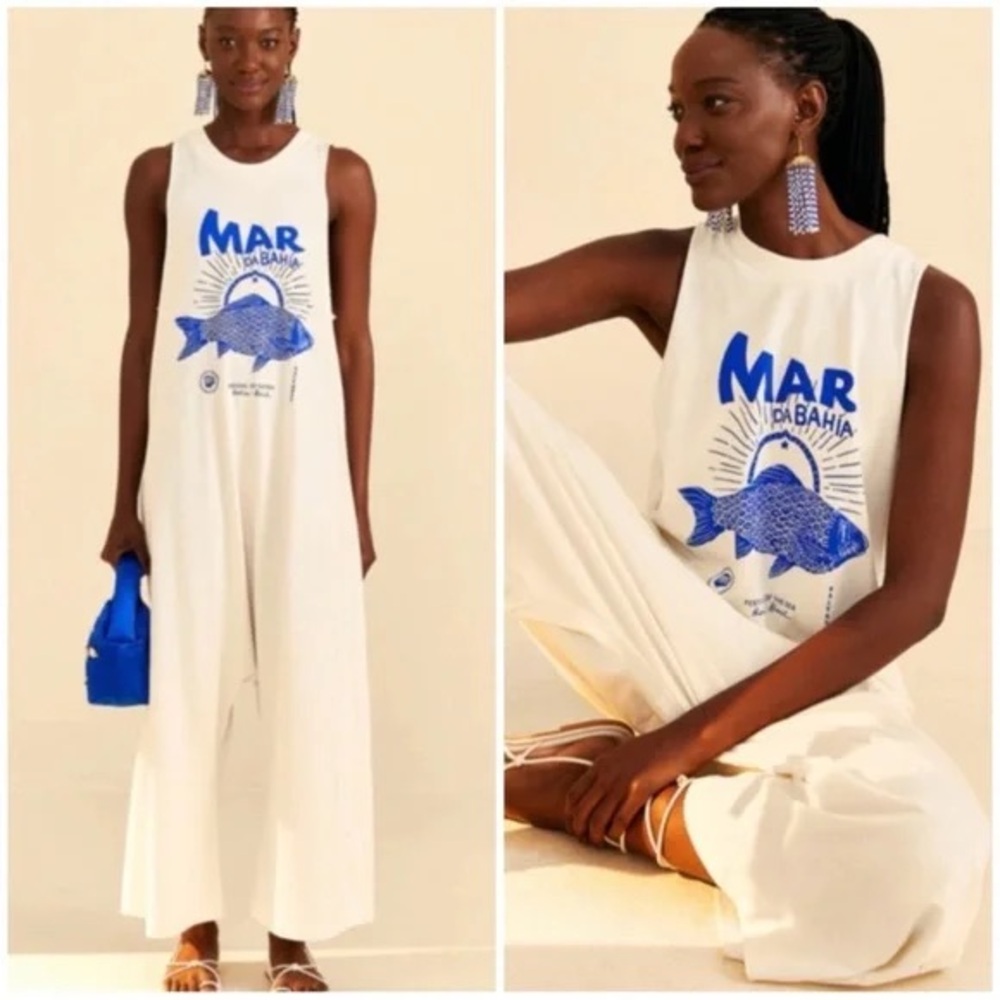 FARM Rio White Jumpsuit with Blue Fish Graphic